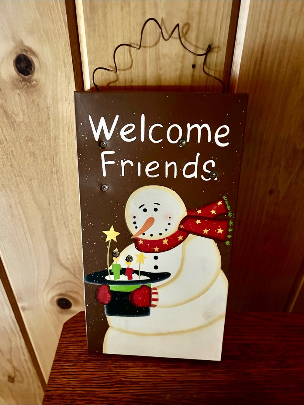 Lighted Metal Painted "Welcome Friends" Snowman ☃️ Wall Sign - Brown